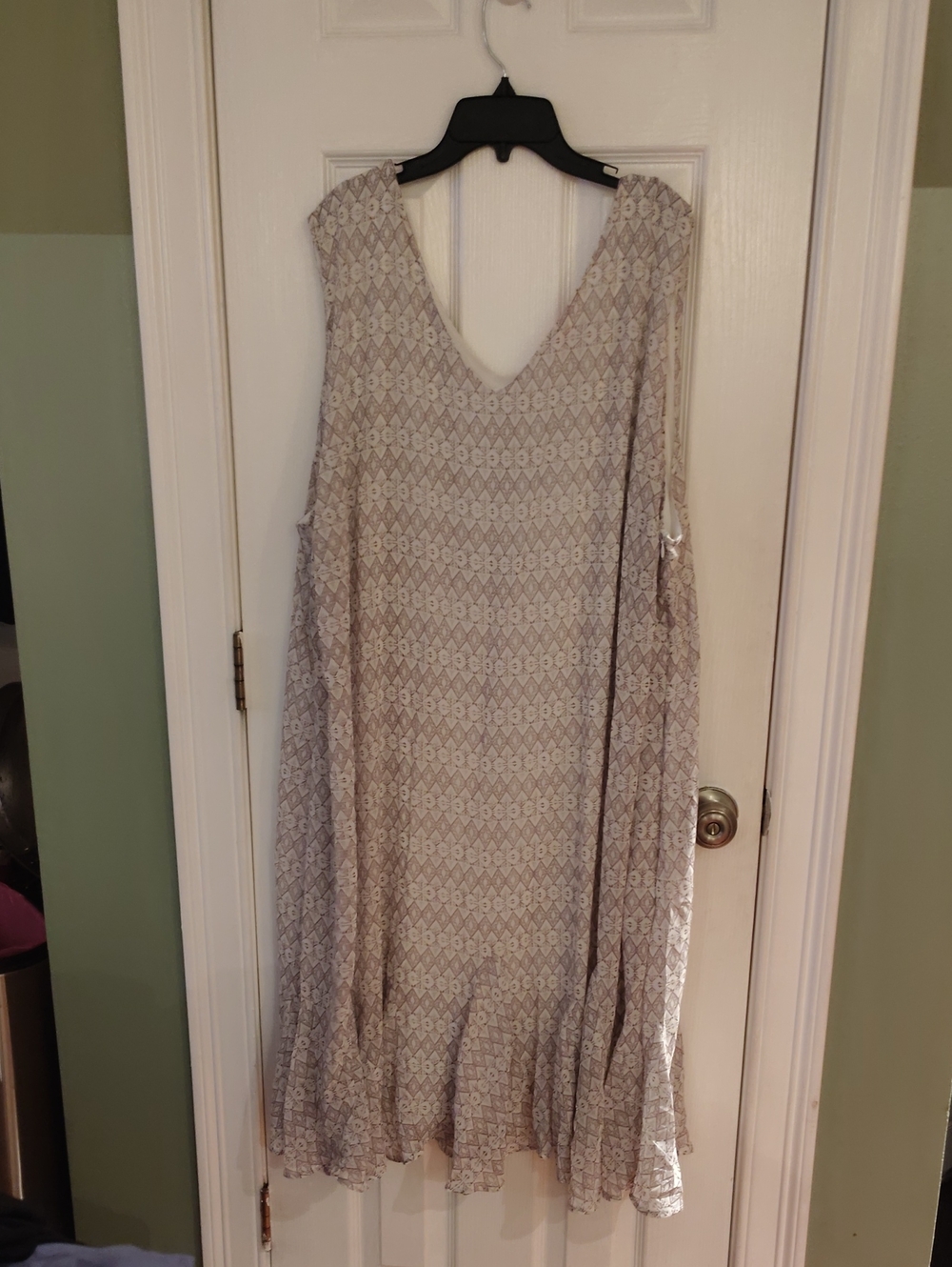 Woman Within Cream Patterned Sleeveless V-Neck Ruffle Hem Dress